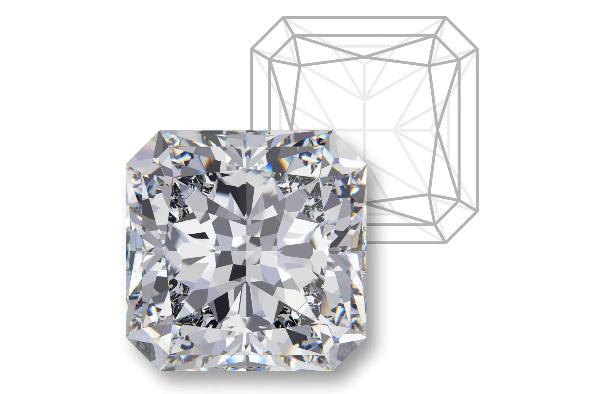 Rendering of a radiant cut diamond next to a drawing of the facet arrangement in the diamond.